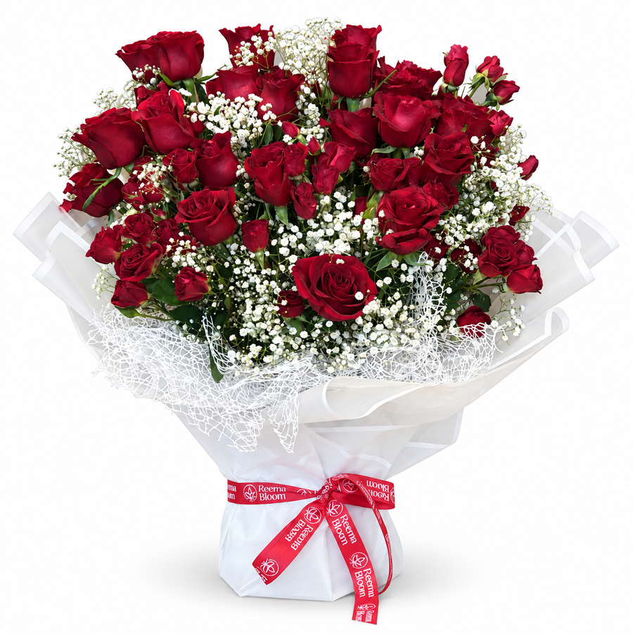 Luxury Red Rose Bouquet with Baby’s Breath