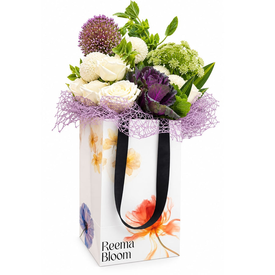 Luxury Flower | White & Purple Flower Arrangement in Gift Bag