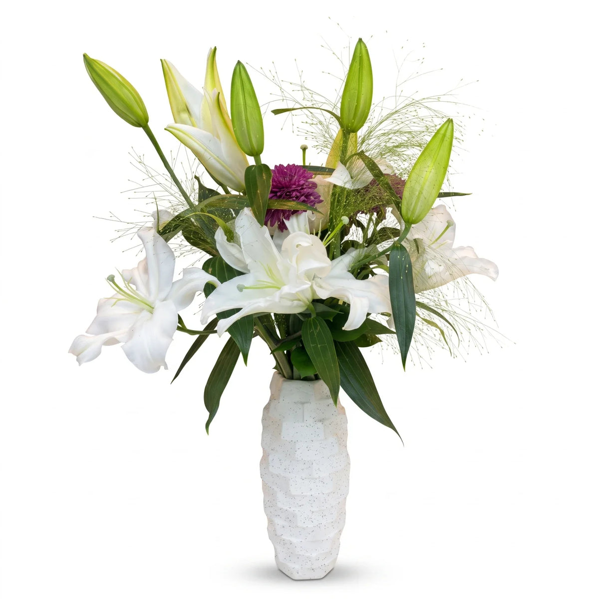 Reema Bloom Flower in Vase – White Lily Blooms, Purple Flowers and Green Foliage
