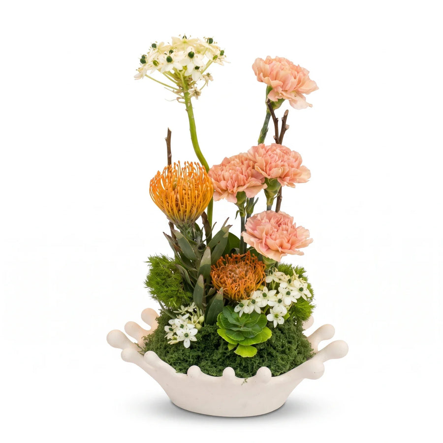 Reema Bloom Flower in Vase – Mixed White, Pink and Orange Floral Arrangement with Greenery
