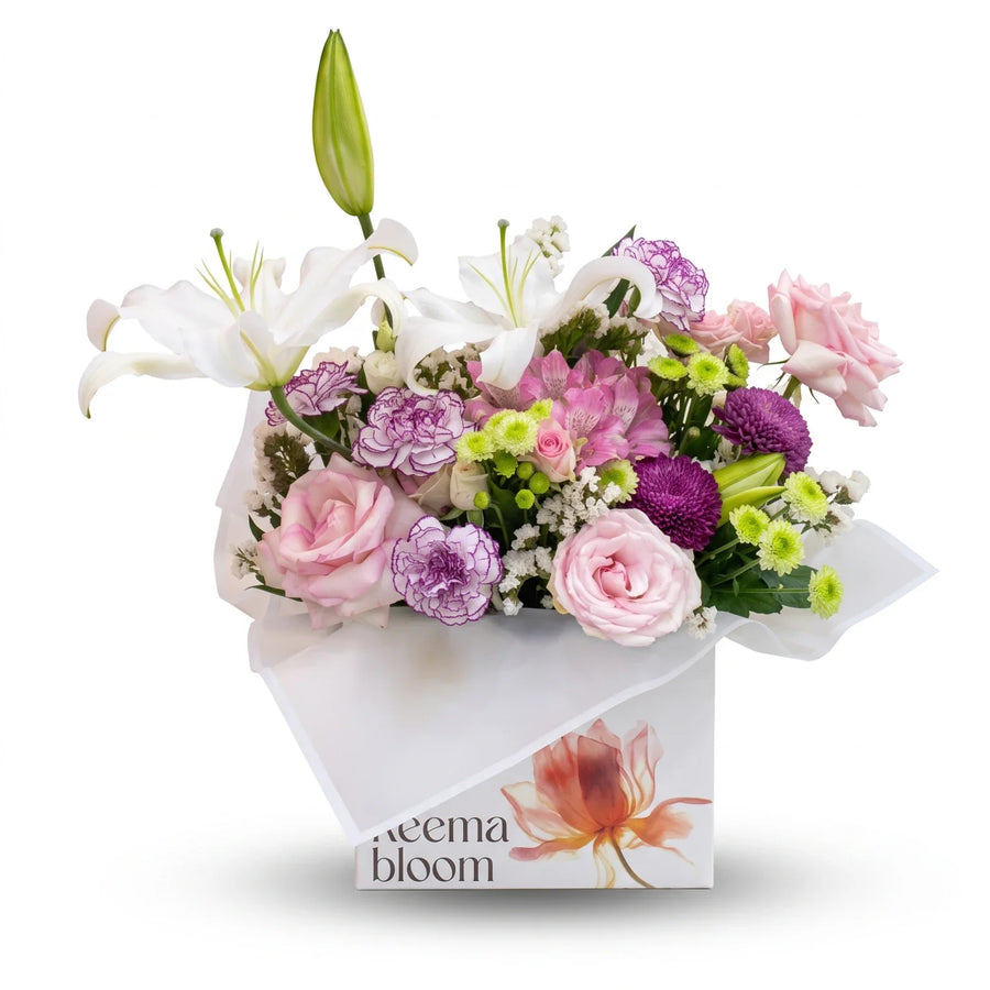 Reema Bloom Flower Box – Mixed Lilies, Roses, Carnations and Chrysanthemums with Greenery