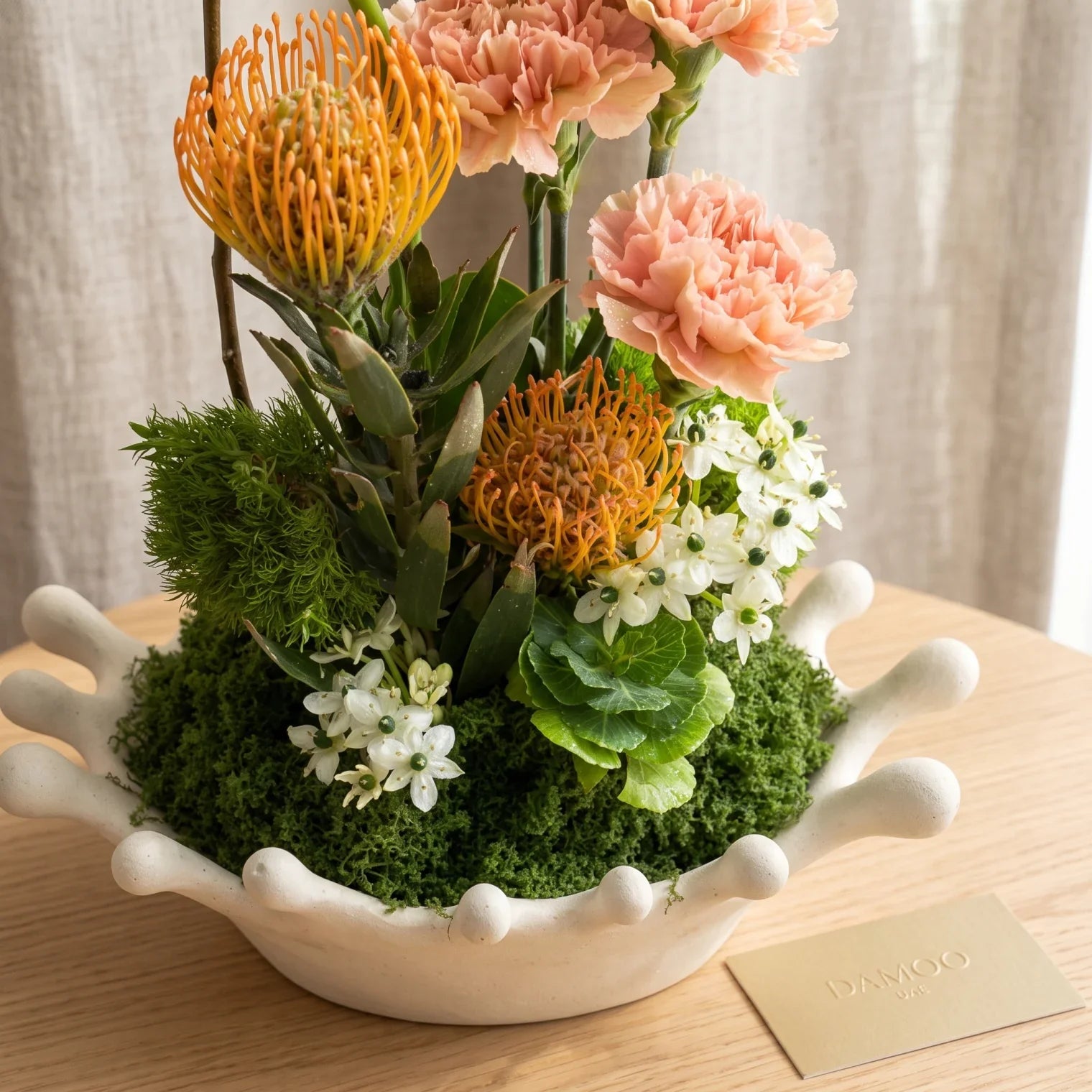 Reema Bloom Flower in Vase – Mixed White, Pink and Orange Floral Arrangement with Greenery