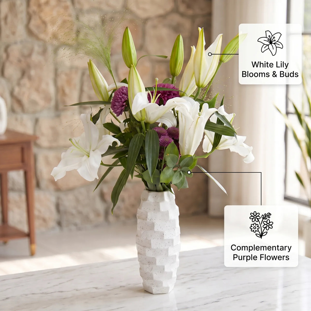 Reema Bloom Flower in Vase – White Lily Blooms, Purple Flowers and Green Foliage